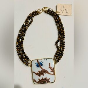 Vintage Barbara Price One Of A Kind  Tiger Eye Gold Necklace Porcelain Pendant